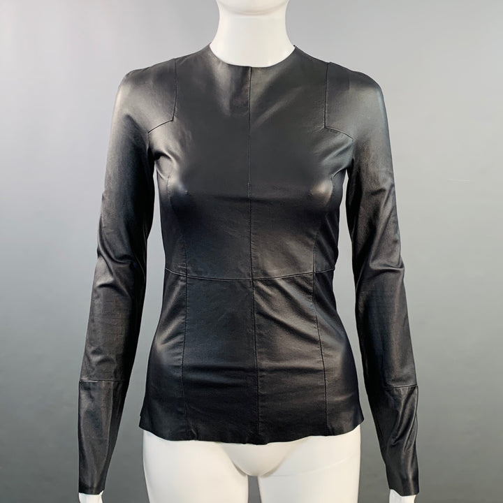 CELINE Size 2 Black Lambskin Leather Long Sleeve Back Zipper Dress Top