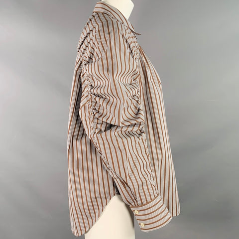 TRESSE' Size 2 Brown Black White Cotton Stripe Ruched Button Up Casual Top
