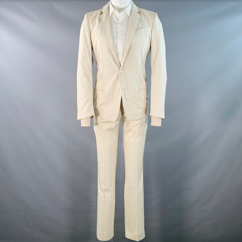 GAULTIER 2 Vintage Size 38 Beige Grey Pinstripe Wool Silk Single Button Hooded Suit