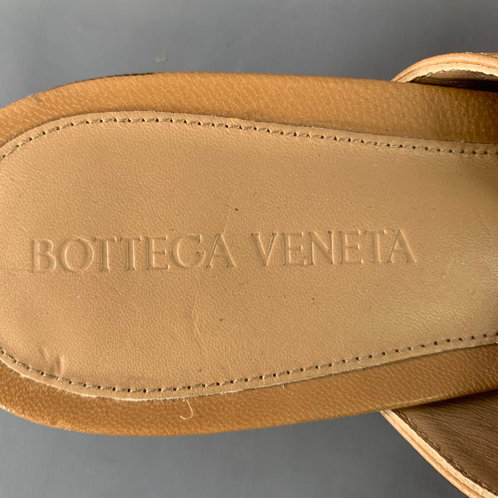 BOTTEGA VENETA Size 10 Tan Leather Square Toe Kitten Heel Mules Sandals