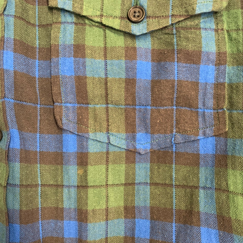 VINCE Size S Green Blue Plaid Cotton Blend Raw Edge Long Sleeve Shirt