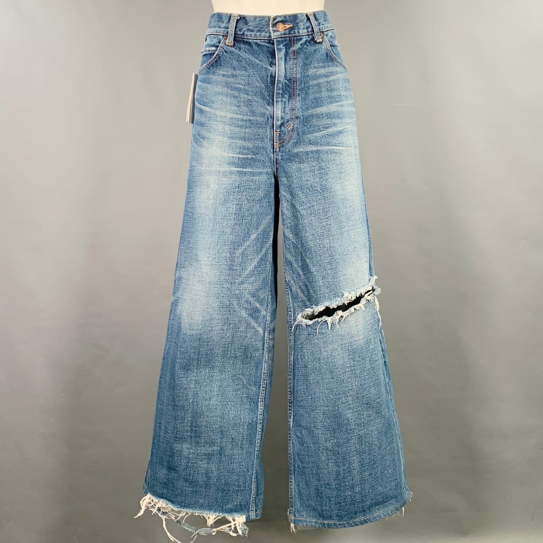 CELINE Size 32 Marco Blue Cotton Distressed Raw Edge Wide Leg