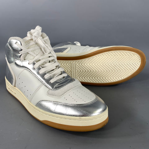 SAINT LAURENT Size 12 White Silver Color Block Leather High Top Sneakers