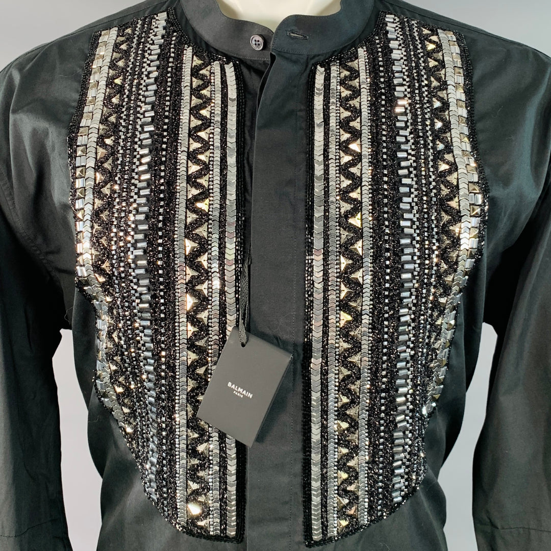 BALMAIN Size XS Black Silver Beaded Bib Nehru Collar Long Sleeve Shirt