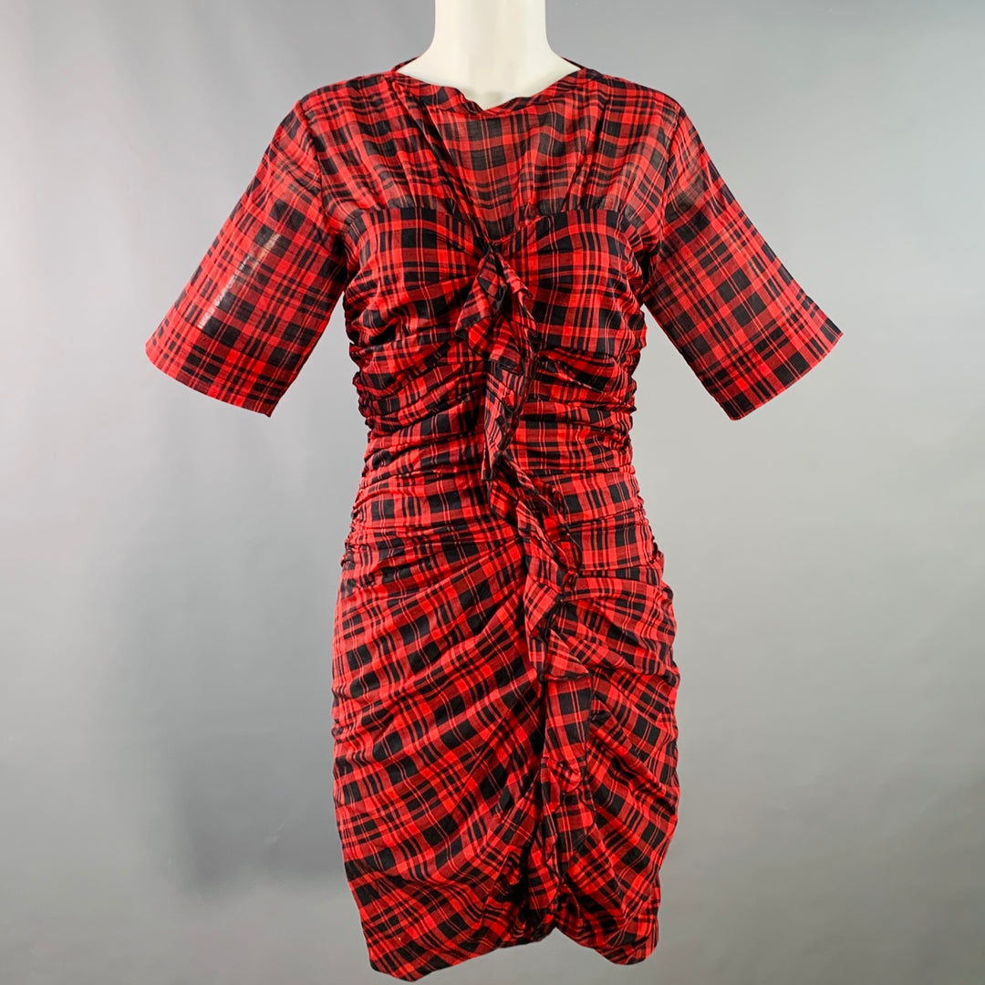 ISABEL MARANT ETOILE Size XS Red Black Cotton Linen Plaid Short Sleeve Ruched Dress