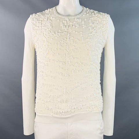 JIL SANDER Size L White Textured Bobble Cotton Crew Neck Pullover