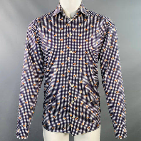 ETON Taille M Chemise cintrée à manches longues en coton à carreaux blancs et bleus