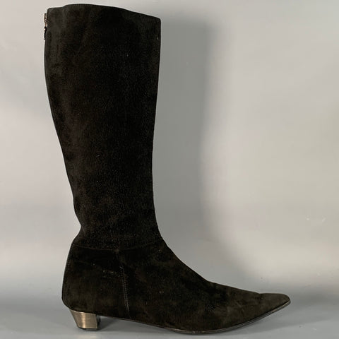 PRADA Size 7.5 Black Silver Suede Back Zip Pointed Toe Calf High Boots