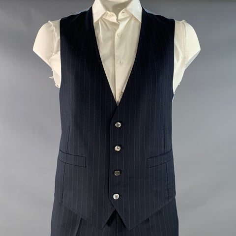 ASTOR & BLACK Size 44 Navy Blue Pinstripe Single Breasted Peak Lapel 3 Piece Suit