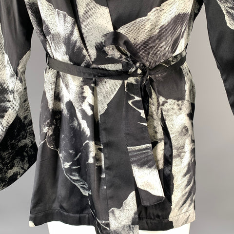 ANN DEMEULEMEESTER Size S Black White Floral Silk Belted Wrap Cardigan