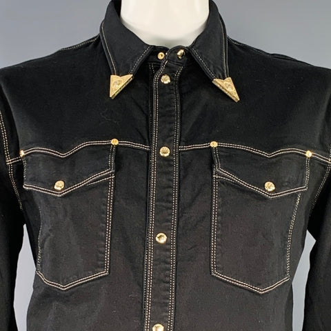 VERSACE JEANS COUTURE Size XL Black Gold Contrast Stitch Snaps Western Long Sleeve Shirt