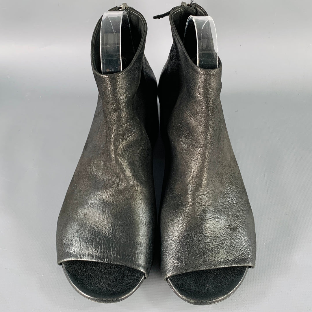 MARSELL Size 7.5 Black Leather Peep Toe Stacked Heel Ankle Boots