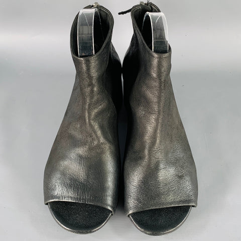 MARSELL Size 7.5 Black Leather Peep Toe Stacked Heel Ankle Boots