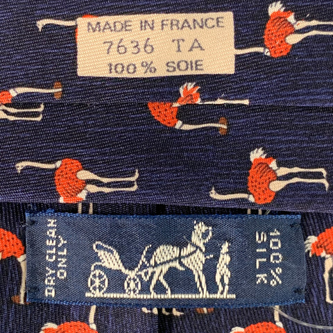 HERMES Navy Red Ostrich Birds Silk Tie