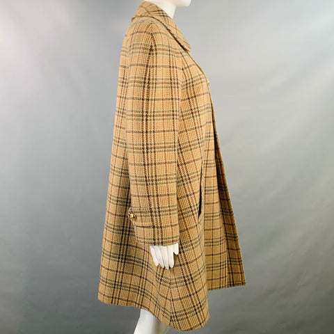 CELINE Taille 6 Manteau à manches raglan à carreaux en mélange de laine kaki marron olive