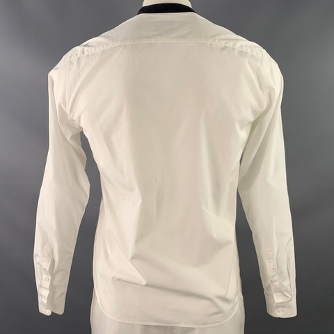 SANDRO Size L White Black Cotton Collarless Contrast Trim Long Sleeve Shirt