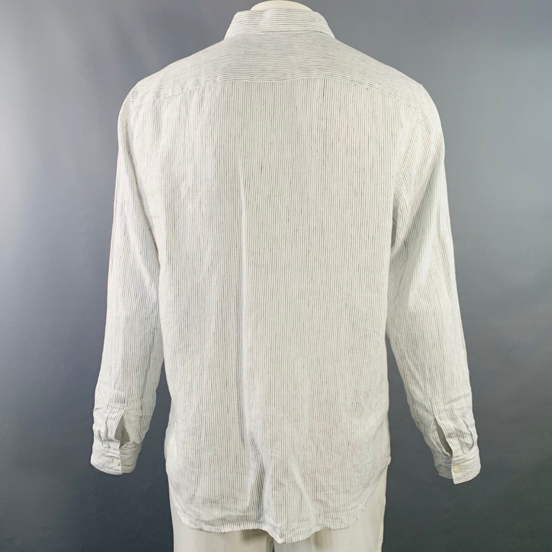 THEORY Size L Irving White Navy Pinstripe Linen Long Sleeve Shirt