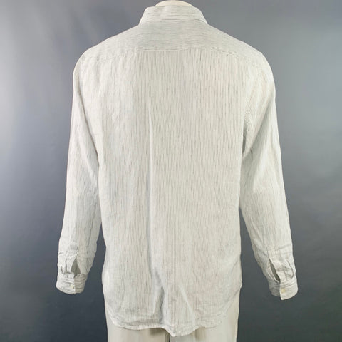 THEORY Size L Irving White Navy Pinstripe Linen Long Sleeve Shirt