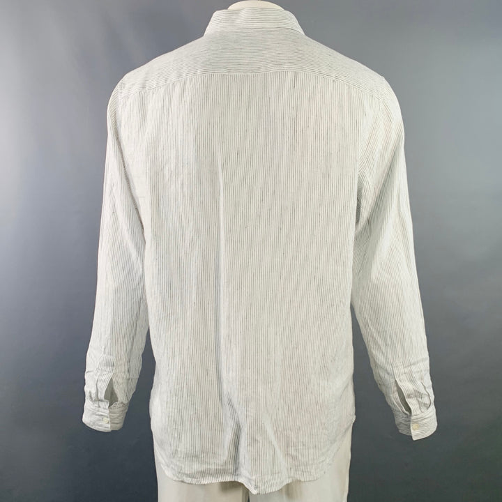 THEORY Size L Irving White Navy Pinstripe Linen Long Sleeve Shirt