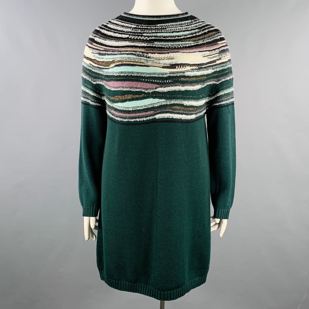 M MISSONI Size 12 Green Multi Color Wool Blend Knit Sweater Dress Sui Generis Designer Consignment M MISSONI Size 12 Green Multi Color Wool Blend Knit Sweater Dress Sui Generis Designer Consignment