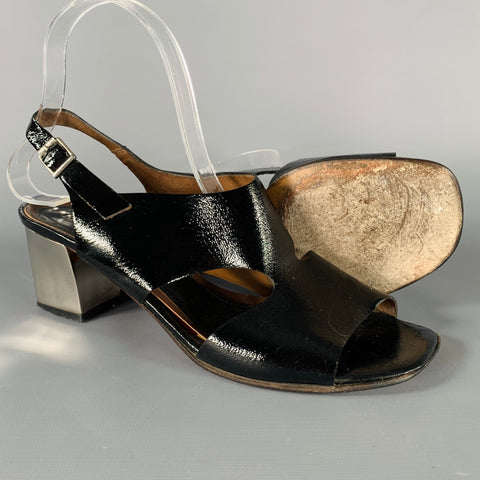MARNI Size 8 Black Silver Patent Leather Chunky Heel Sandals