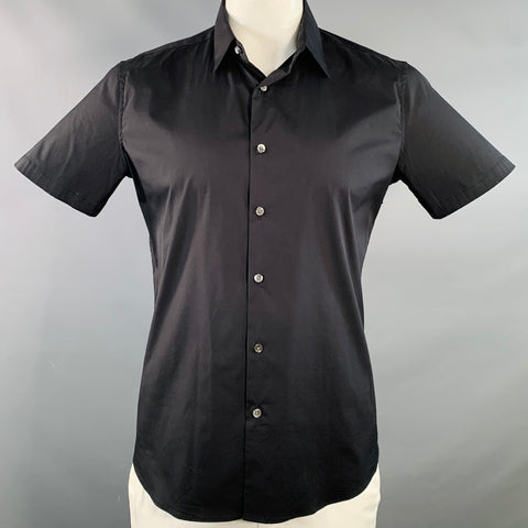 THEORY Size L Black Cotton Spread Collar Short Sleeve Shirt