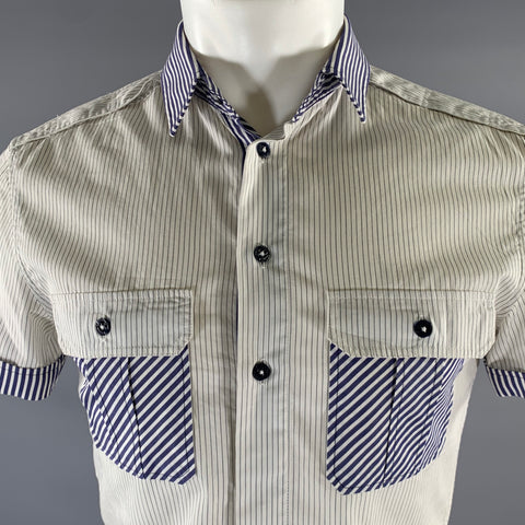 D&G by DOLCE & GABBANA Size XS White Navy Stripe Cotton Short Sleeve Shirt