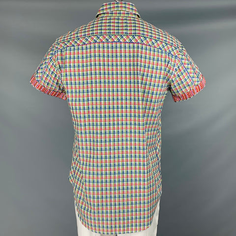 ROBERT GRAHAM Size L Navy Green Plaid Cotton Button Up Short Sleeve Shirt
