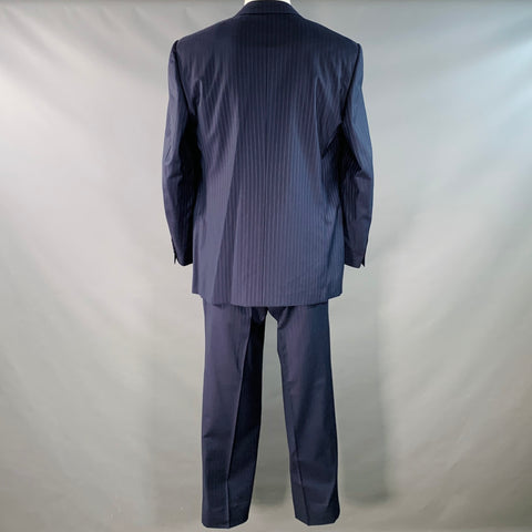 CANALI Size 48 Regular Navy Blue Pinstripe Virgin Wool Notch Lapel Suit