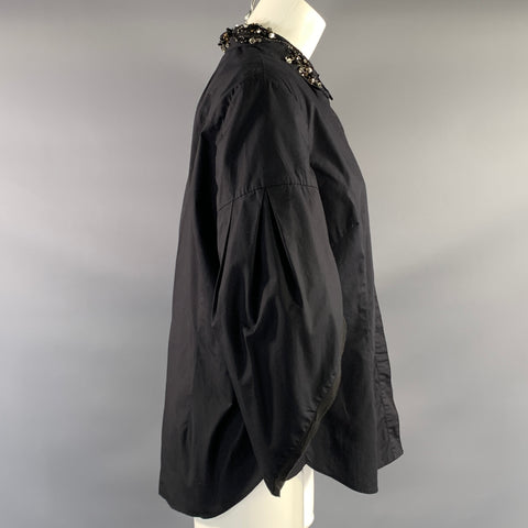 ZAC POSEN Size 12 Black Cotton Beaded Button Up Dress Top