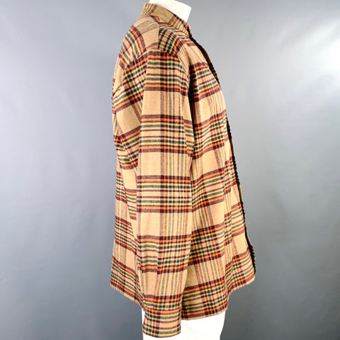 DRO'LE DE MONSIEUR Size L Camel Brown Orange Plaid Wool Blend Long Sleeve Shirt