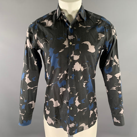LANVIN Size S Black Grey Blue Abstract Floral Cotton Long Sleeve Shirt