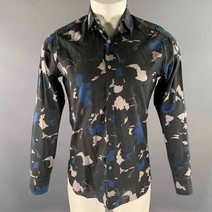 LANVIN Size S Black Grey Blue Abstract Floral Cotton Long Sleeve Shirt