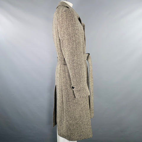 O'CONNELL'S Size L Cream Black Herringbone Belted Raglan Coat