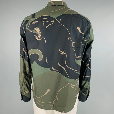VALENTINO Camisa Manga Larga Abotonada Algodón Estampado Verde Negro Talla XL