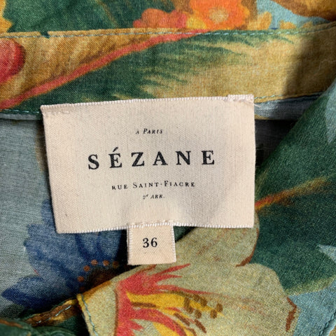 SEZANE Size 4 Green Multi Color Cotton Silk Floral Long Sleeve Blouse