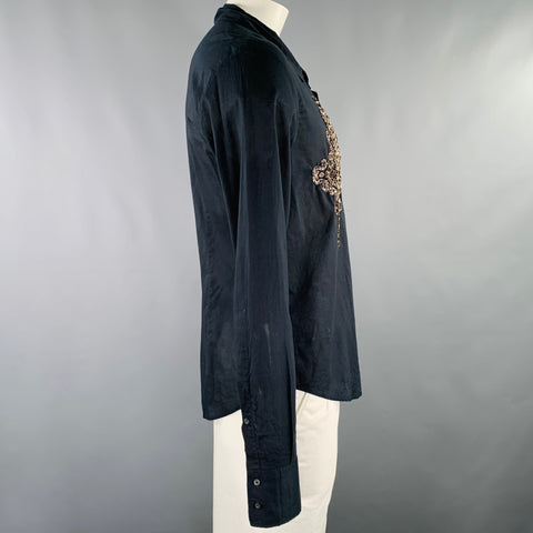 JUST CAVALLI Size 42 Black Gold Embroidery Metal Long Sleeve Shirt