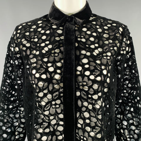 AKRIS Size XS Black Velvet Perforated Hidden Placket Shirt