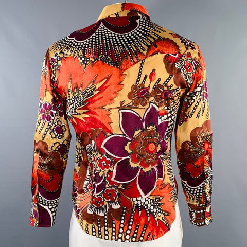 JUST CAVALLI Size L Red Yellow Abstract Floral Silk Western Long Sleeve Shirt