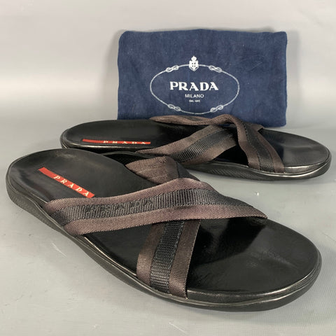 PRADA Size 10 Black Mixed Fabrics Leather Canvas Flip flops Sandals