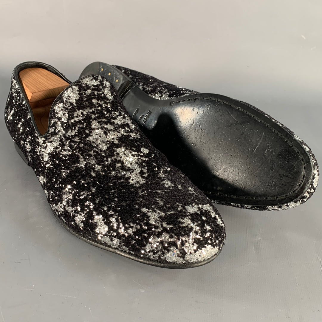 JIMMY CHOO Size 11 Velvet Glitter Devore Sloan Black Silver Slip On Loafers