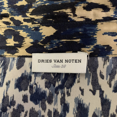 DRIES VAN NOTEN Size S Tan & Black Navy Silk Animal Blouse