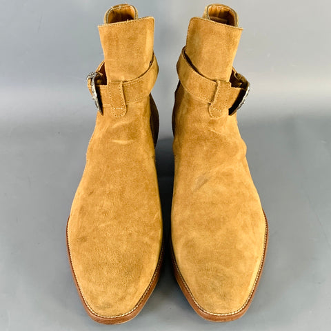 SAINT LAURENT Size 8 Hedi Strap Tan Silver Suede Western Buckle Boots