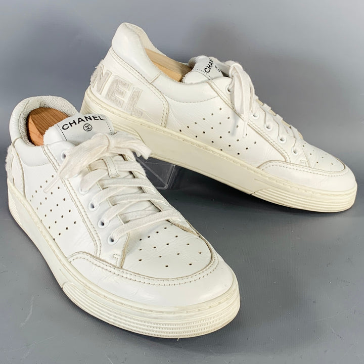 CHANEL Size 9 White Perforated Leather Logo Lace-Up Sneakers