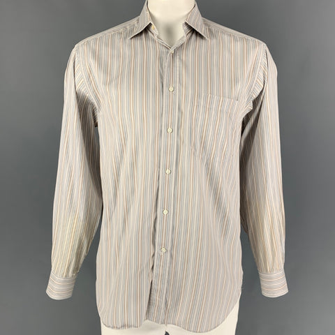 ERMENEGILDO ZEGNA Size L White Blue Stripe Cotton Button Up Long Sleeve Shirt