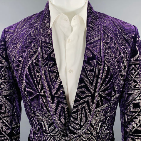 EMILIO PUCCI Size 38 Purple Silver Geometric Embroidery Velvet Shawl Sport Coat