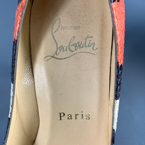 CHRISTIAN LOUBOUTIN Size 5 Orange Black Cream Snakeskin Leather Pointed Toe Stiletto Pumps