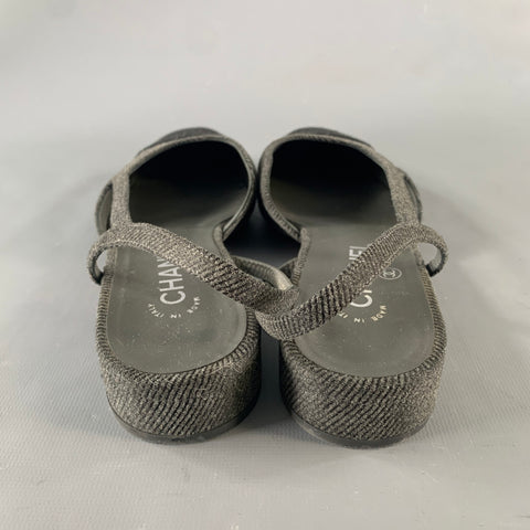CHANEL Size 8.5 Charcoal Navy Wool Leather Trim Classic Flats