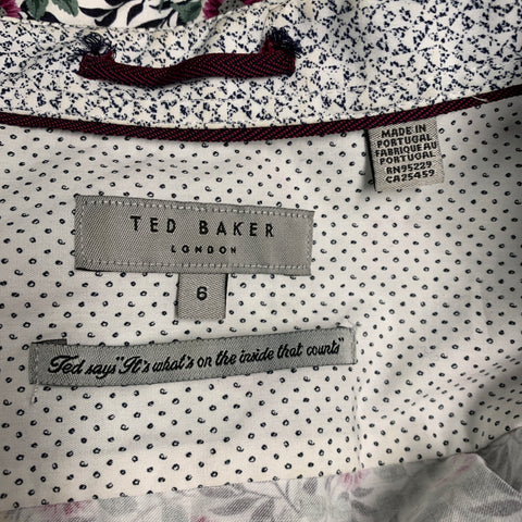 TED BAKER Size L White Black Purple Floral Cotton Button Up Long Sleeve Shirt