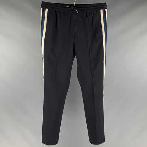 SANDRO Size 30 Navy White Vertical Stripe Wool Drawstring Casual Pants